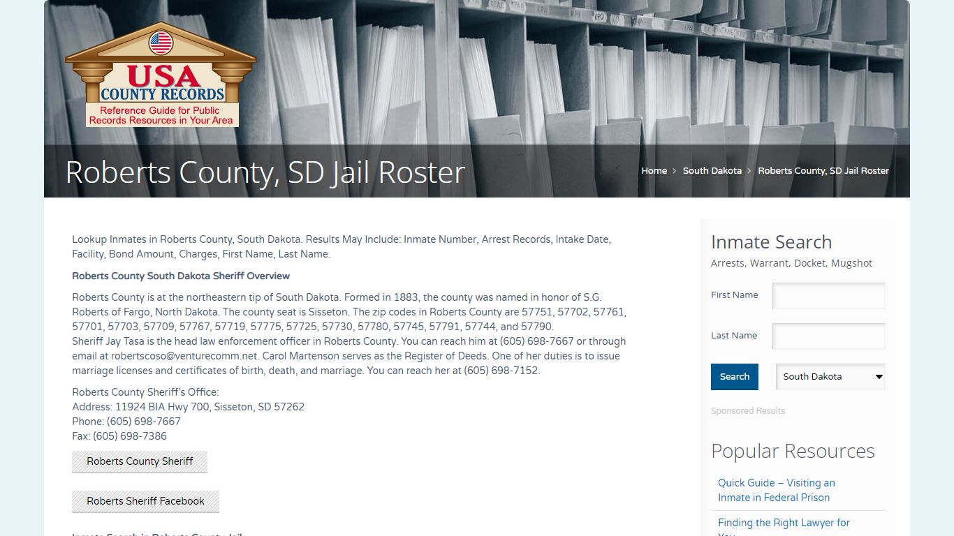 Roberts County, SD Jail Roster | Name Search